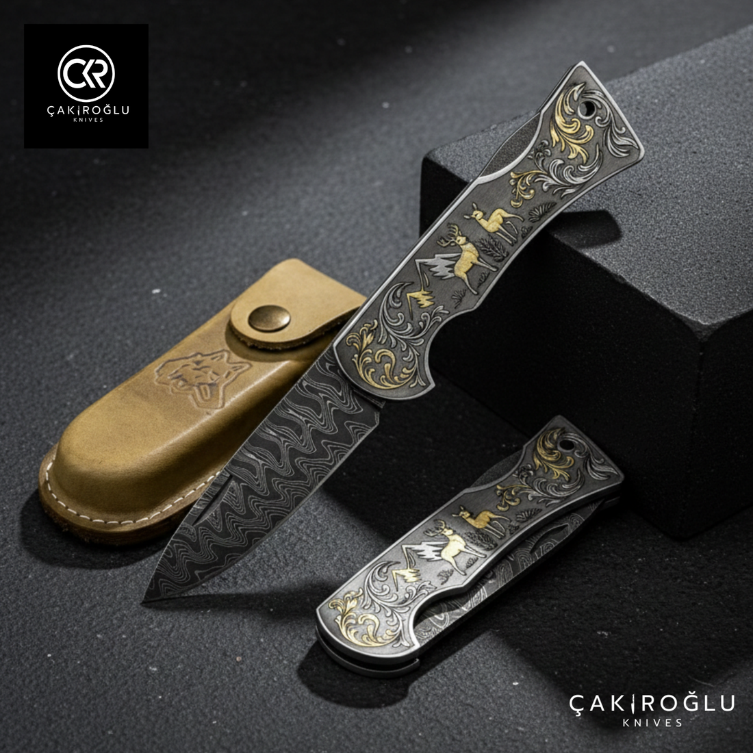 Corvus series Damascus - Limited Edition Collector's Folding Knife with 14K gold engraving details on a stainless steel case