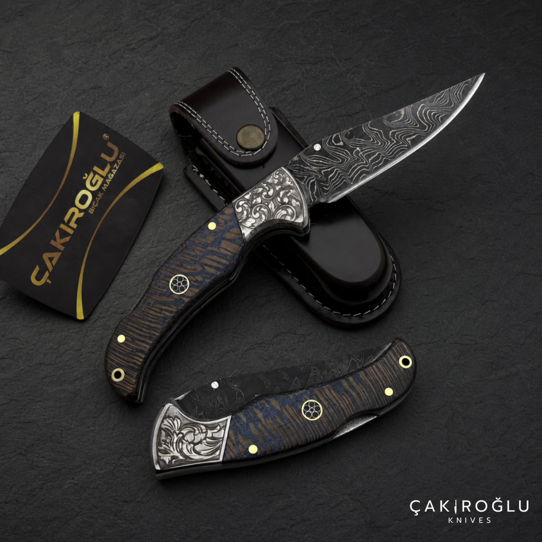 Handmade Damascus Custom Folding Pocket Knife with Sheath
