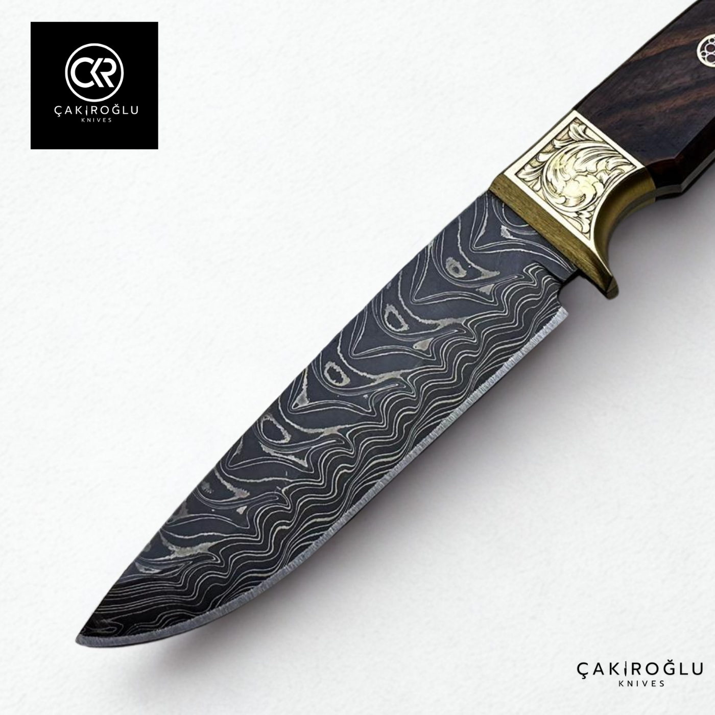 Handcrafted Custom-made Damascus Steel Hunting Knife with Engraved Brass Apron