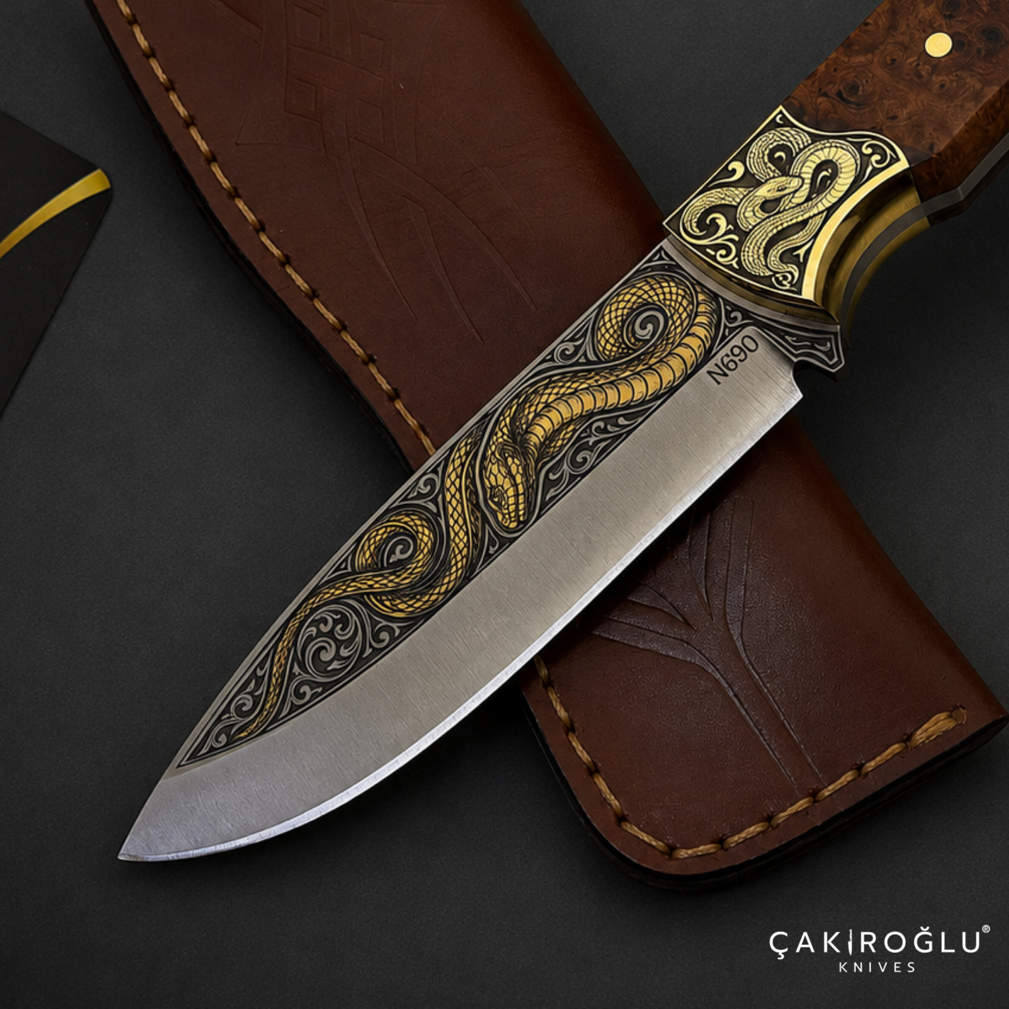 Handmade N690 Bushcraft Knife, 24K Gold Snake Engraving, Stabilized Handle (Collectible Gift)