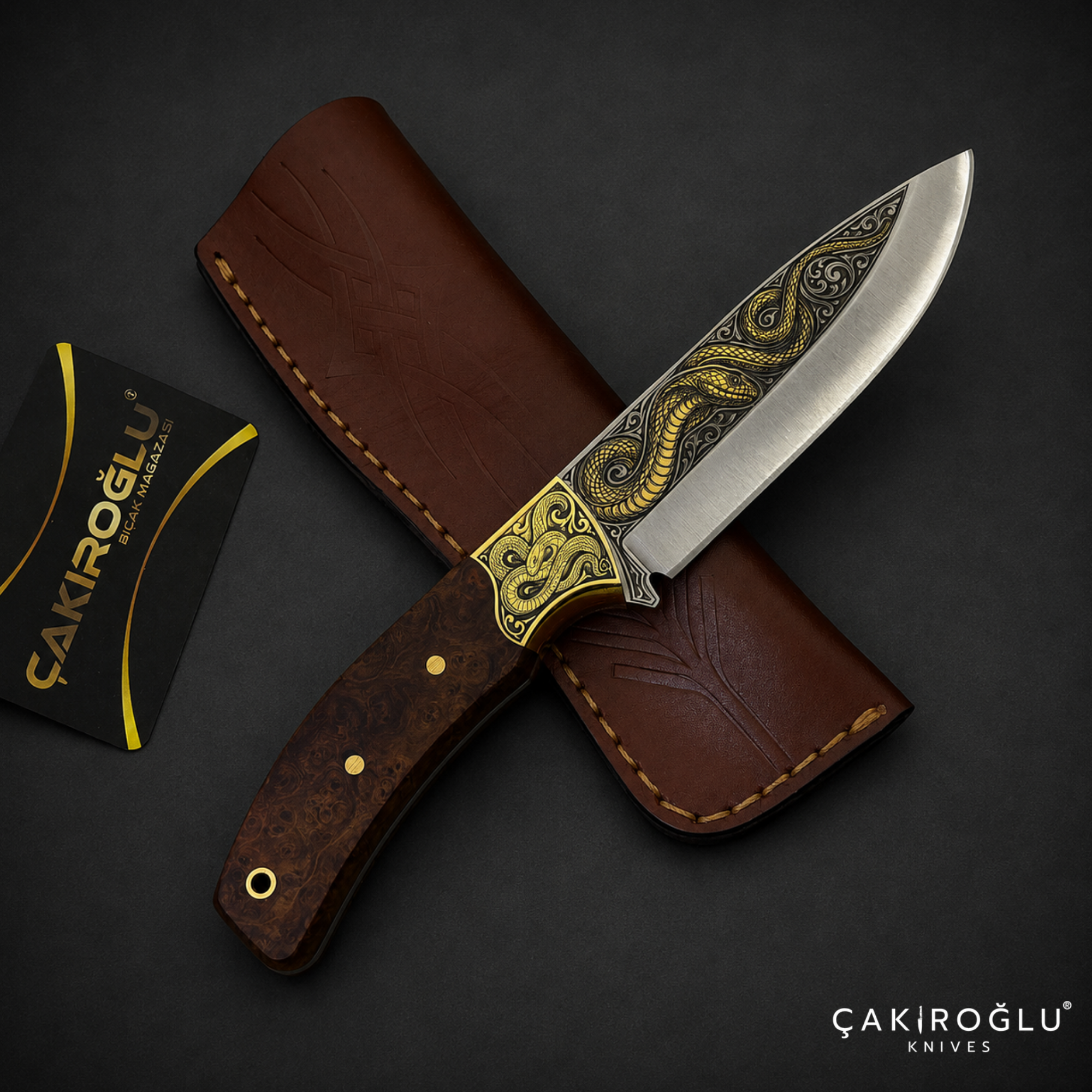 Handmade N690 Bushcraft Knife, 24K Gold Snake Engraving, Stabilized Handle (Collectible Gift)