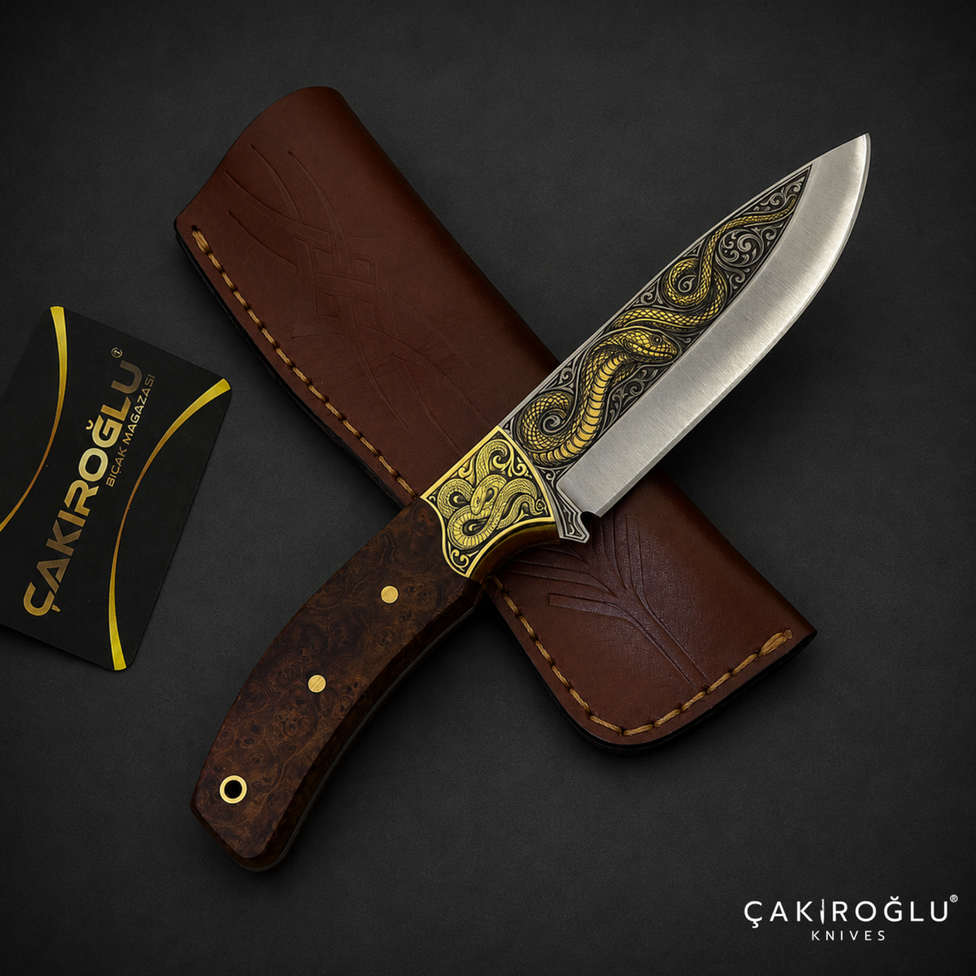 Handmade N690 Bushcraft Knife, 24K Gold Snake Engraving, Stabilized Handle (Collectible Gift)