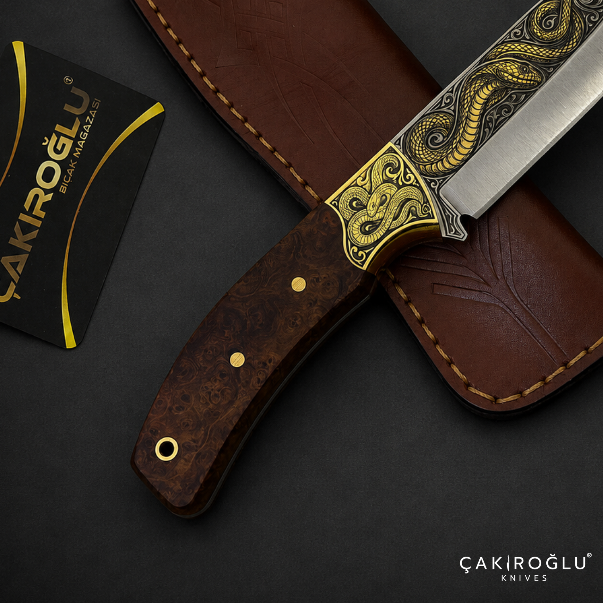Handmade N690 Bushcraft Knife, 24K Gold Snake Engraving, Stabilized Handle (Collectible Gift)