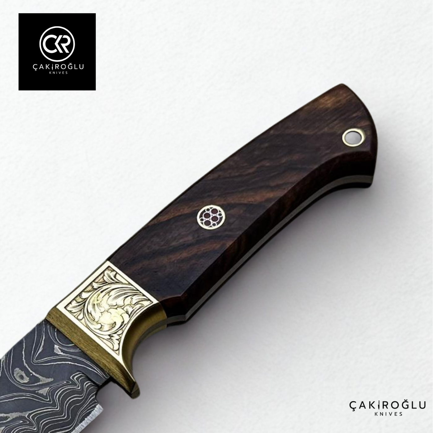 Handcrafted Custom-made Damascus Steel Hunting Knife with Engraved Brass Apron