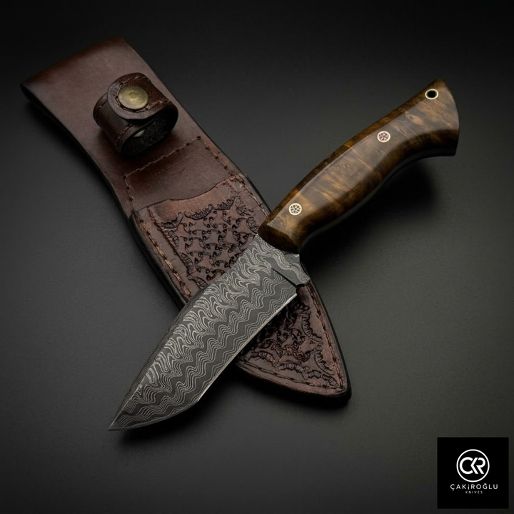 Çakıroğlu Handmade Custom-made Damascus Steel & Stabilized Walnut Wood Handle Tanto Model Hunting Knife