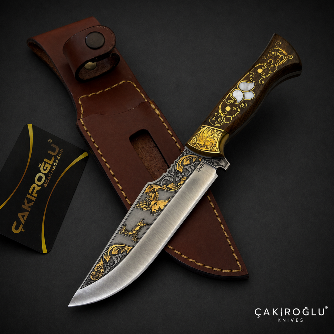 Handmade N690 Knife, 24K Gold Inlay, Walnut Handle, Custom Hunting Knife, Collectible Gift