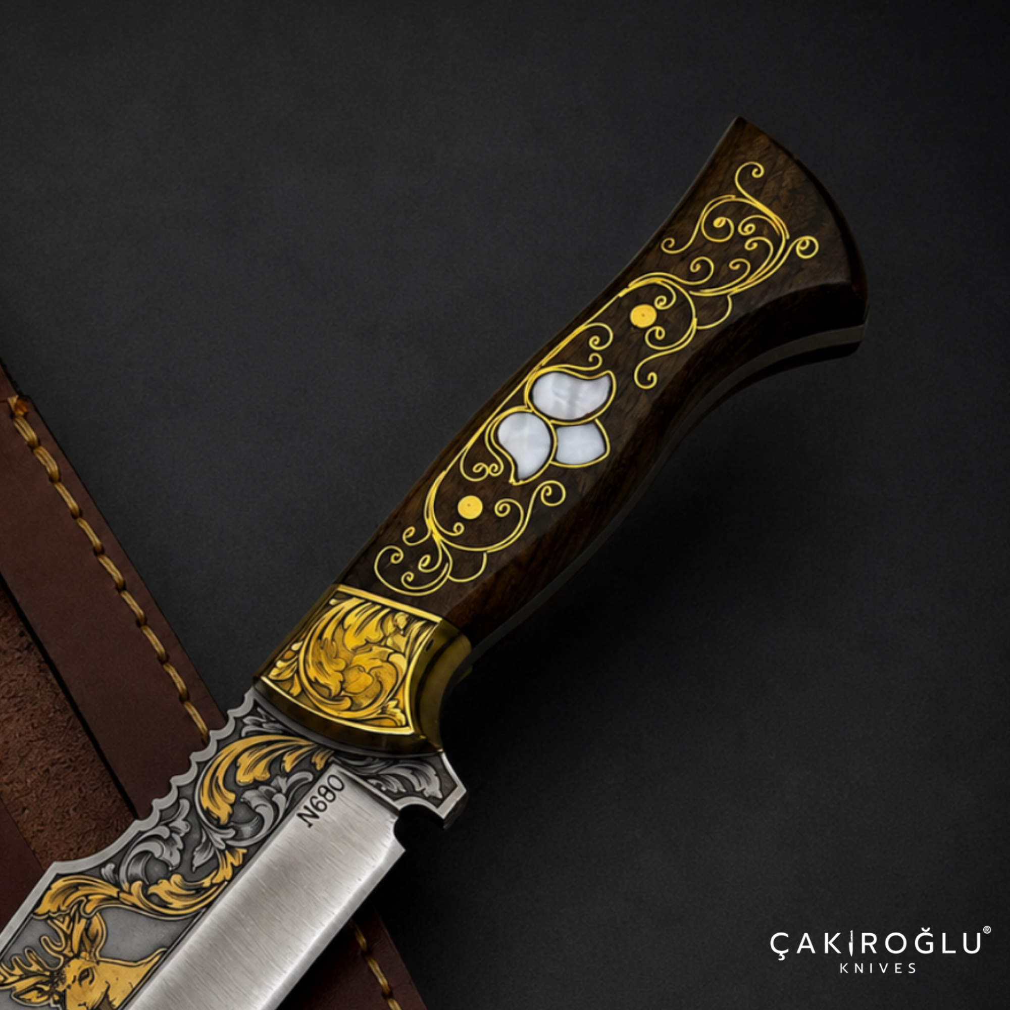 Handmade N690 Knife, 24K Gold Inlay, Walnut Handle, Custom Hunting Knife, Collectible Gift