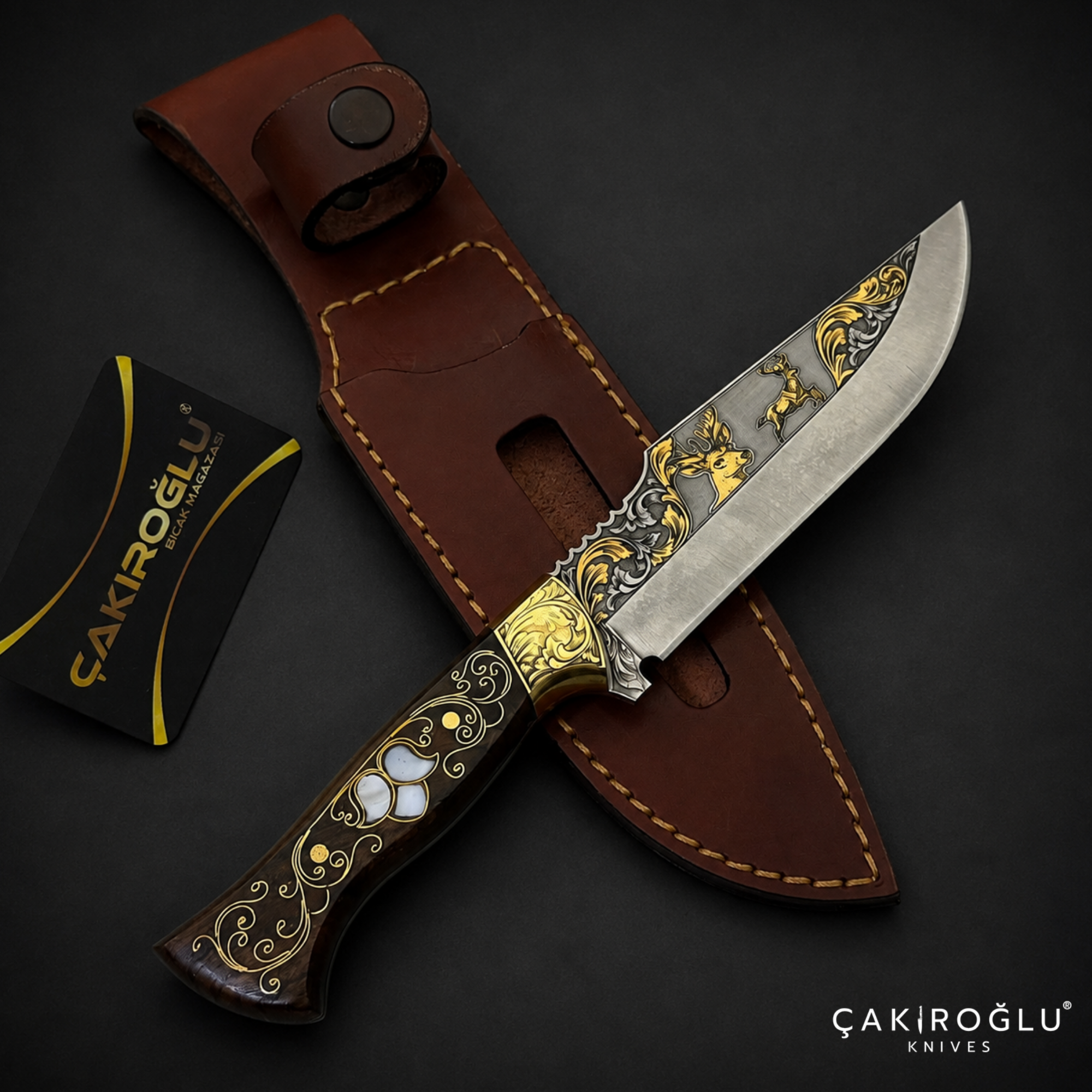 Handmade N690 Knife, 24K Gold Inlay, Walnut Handle, Custom Hunting Knife, Collectible Gift