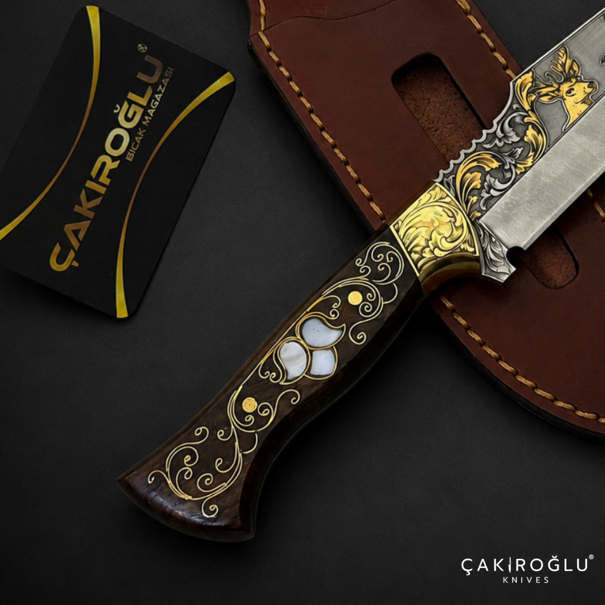 Handmade N690 Knife, 24K Gold Inlay, Walnut Handle, Custom Hunting Knife, Collectible Gift