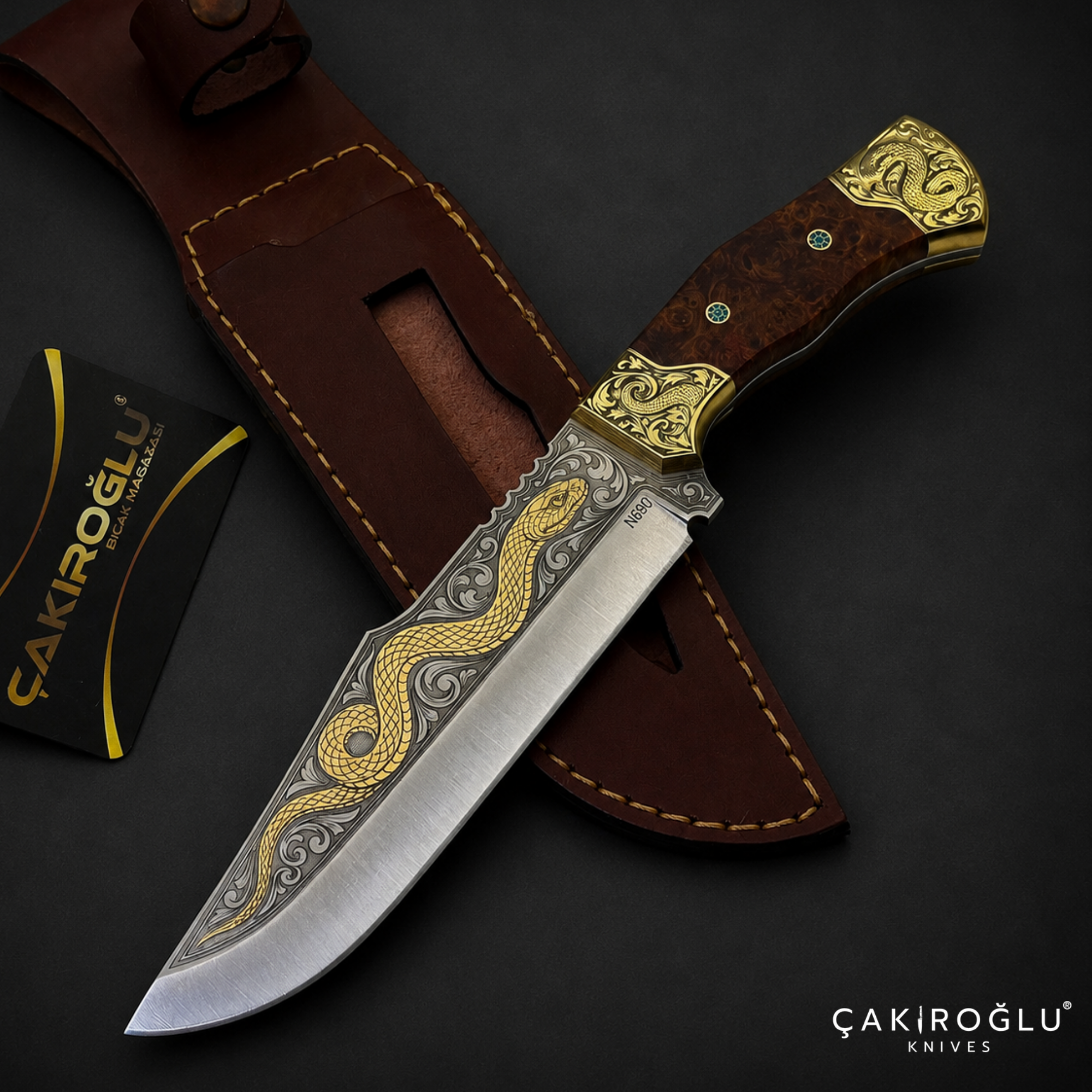 Handmade N690 Knife, 24K Gold Inlay, Stabilize Handle, Custom Red Velvet Box