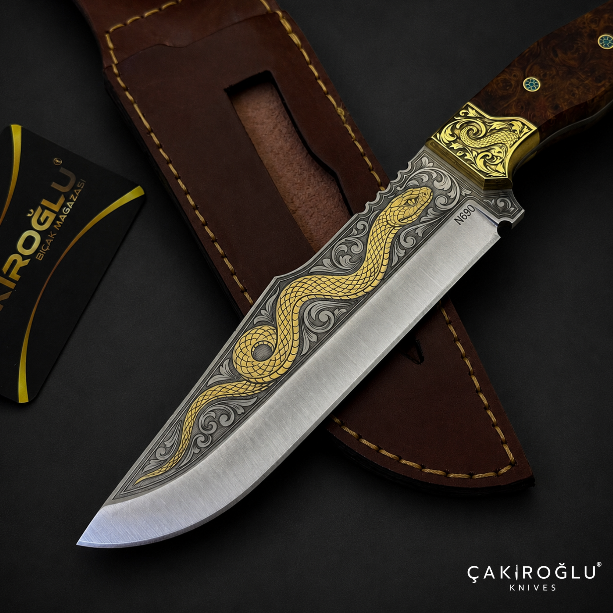Handmade N690 Knife, 24K Gold Inlay, Stabilize Handle, Custom Red Velvet Box
