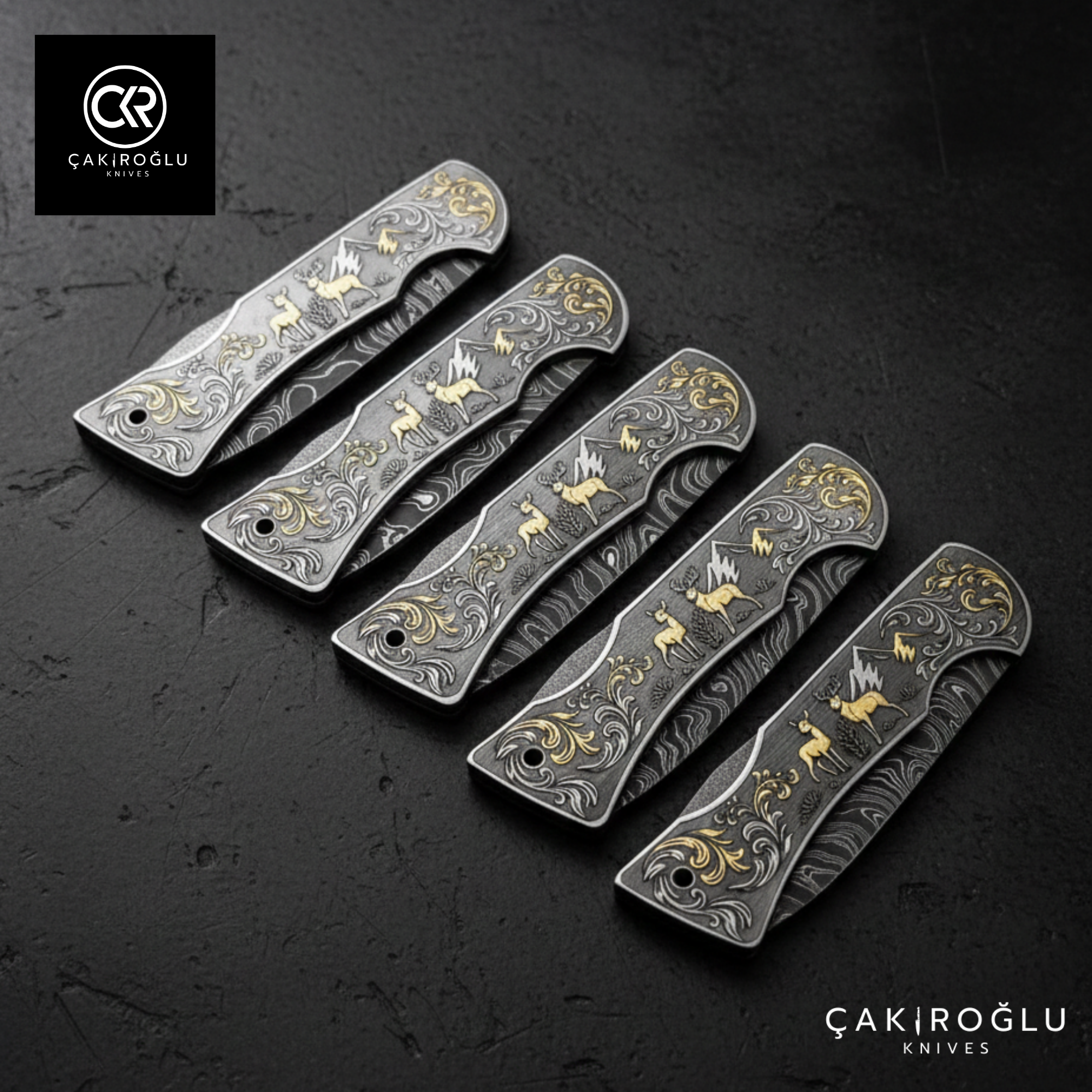 Corvus series Damascus - Limited Edition Collector's Folding Knife with 14K gold engraving details on a stainless steel case