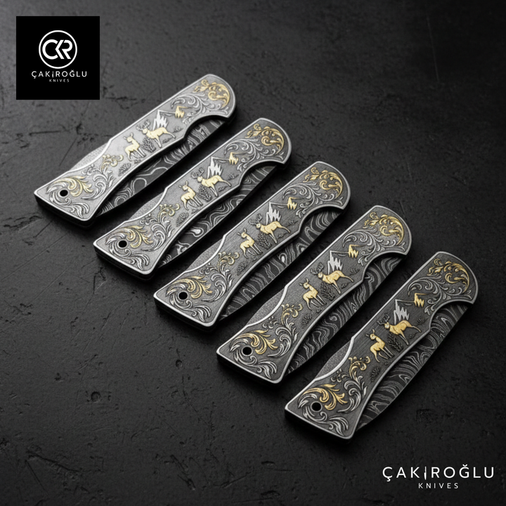 Corvus series Damascus - Limited Edition Collector's Folding Knife with 14K gold engraving details on a stainless steel case