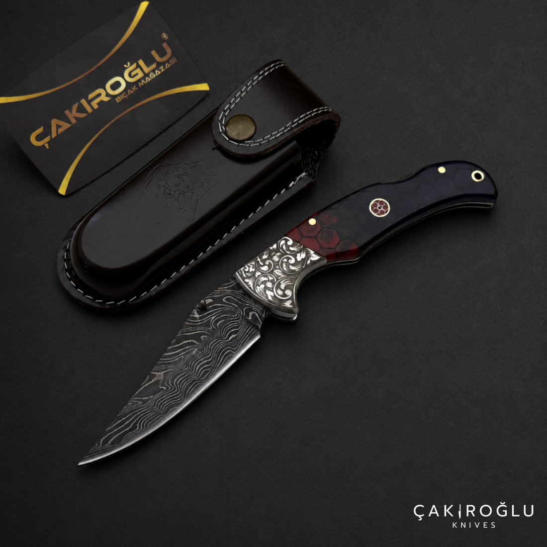 Handmade Damascus Custom Folding Pocket Knife with Sheath
