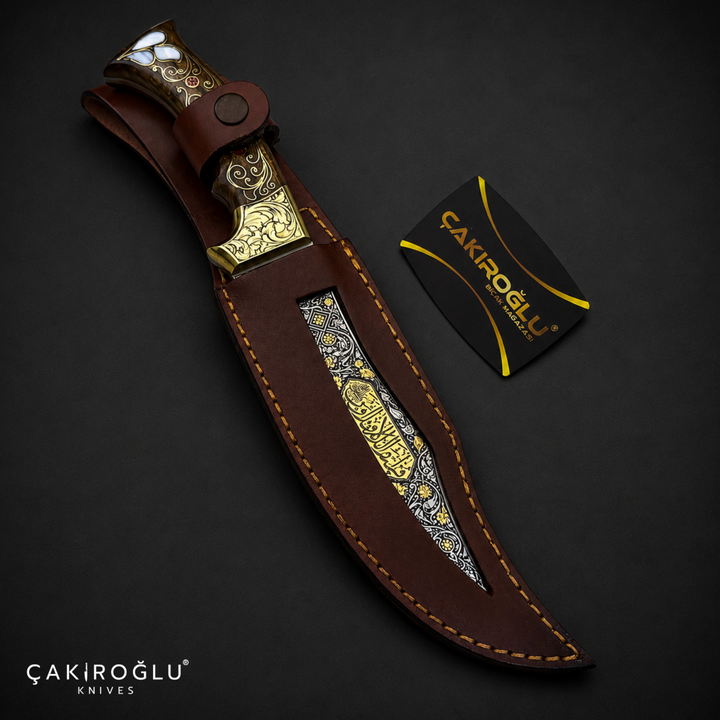 Handmade N690 Bowie Knife, 24K Gold Inlay, Walnut Handle, Custom Hunting Knife, Collectible Gift
