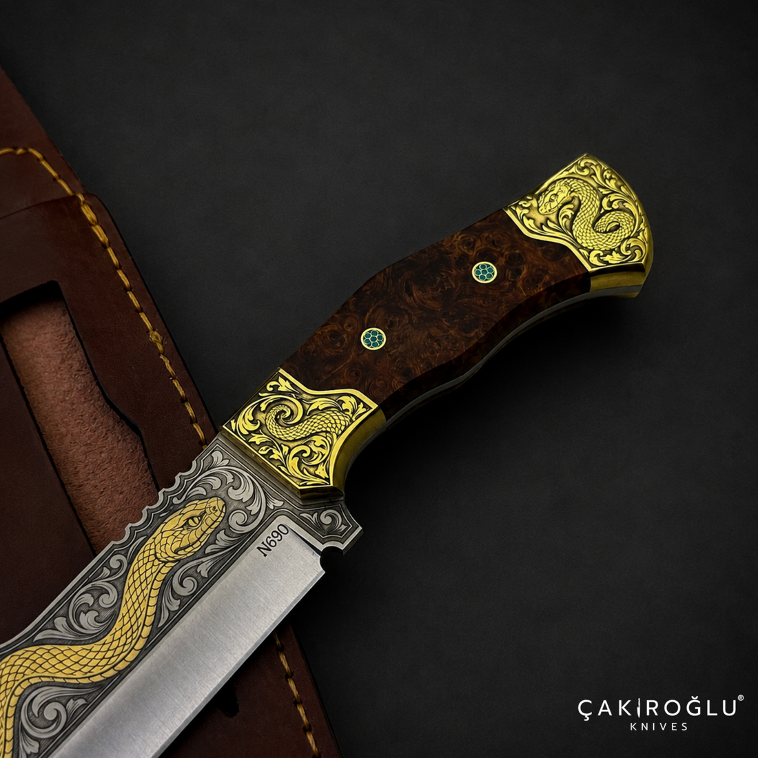 Handmade N690 Knife, 24K Gold Inlay, Stabilize Handle, Custom Red Velvet Box