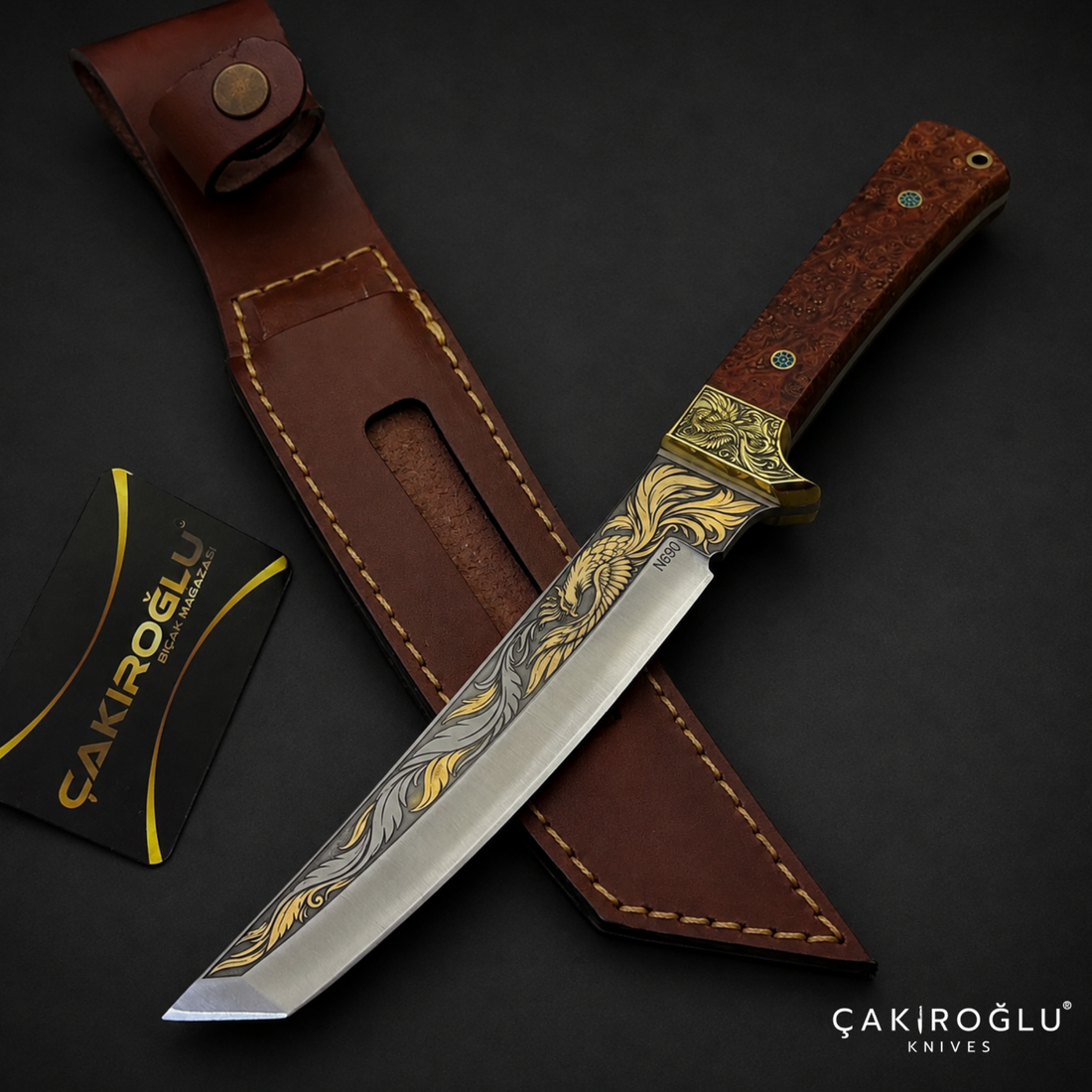Handmade N690 Steel Tanto Knife, 24K Gold Inlay, Stabilized Handle