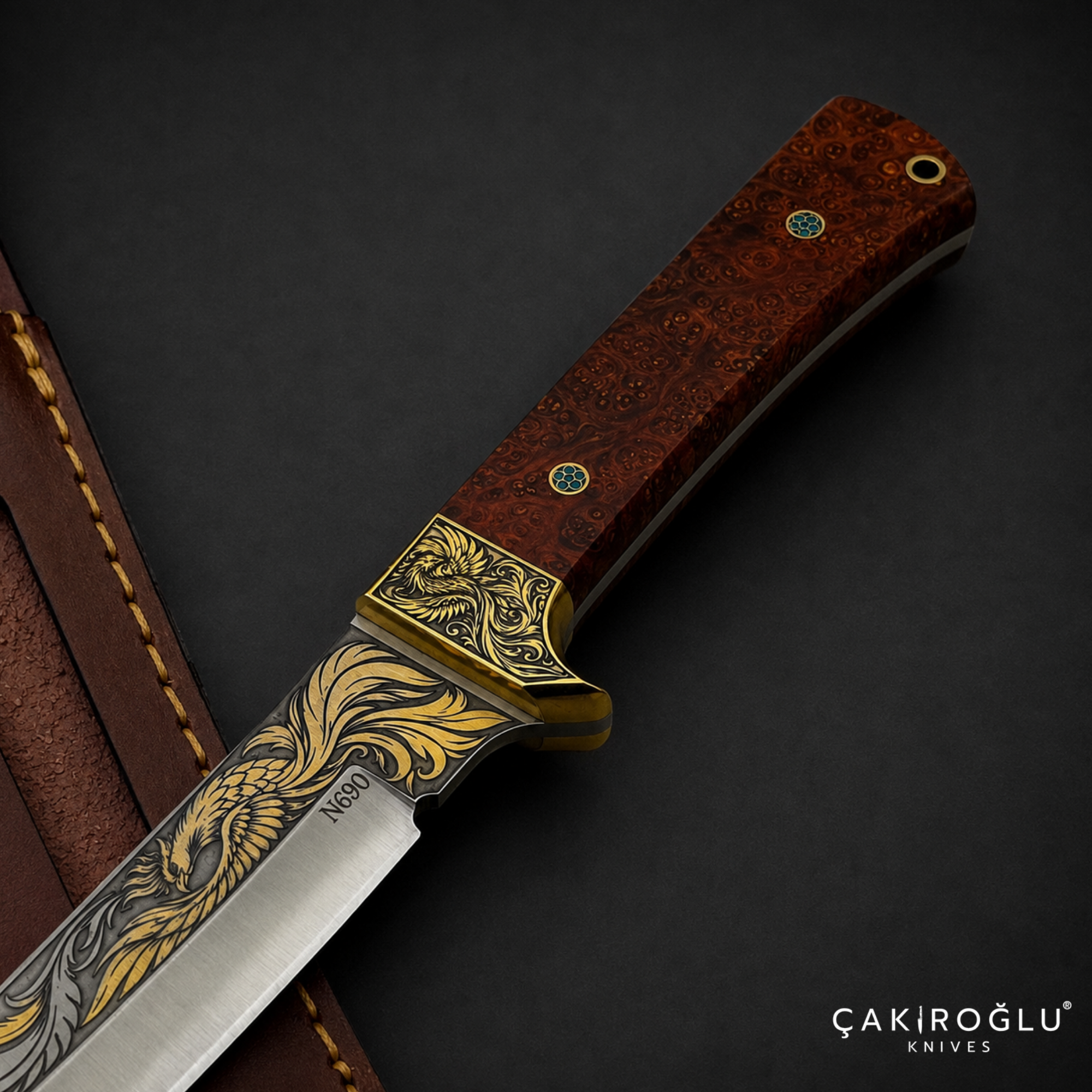 Handmade N690 Steel Tanto Knife, 24K Gold Inlay, Stabilized Handle
