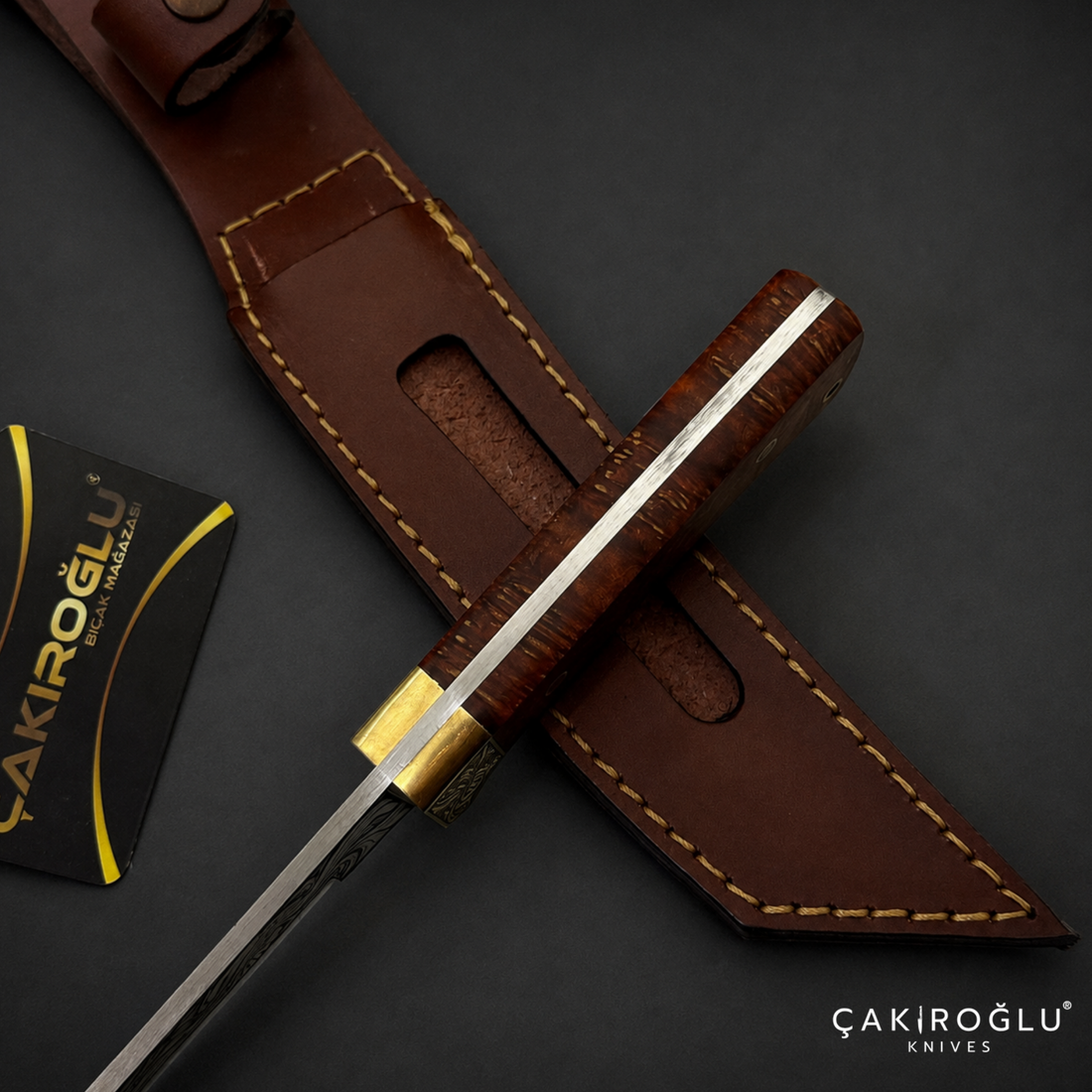 Handmade N690 Steel Tanto Knife, 24K Gold Inlay, Stabilized Handle