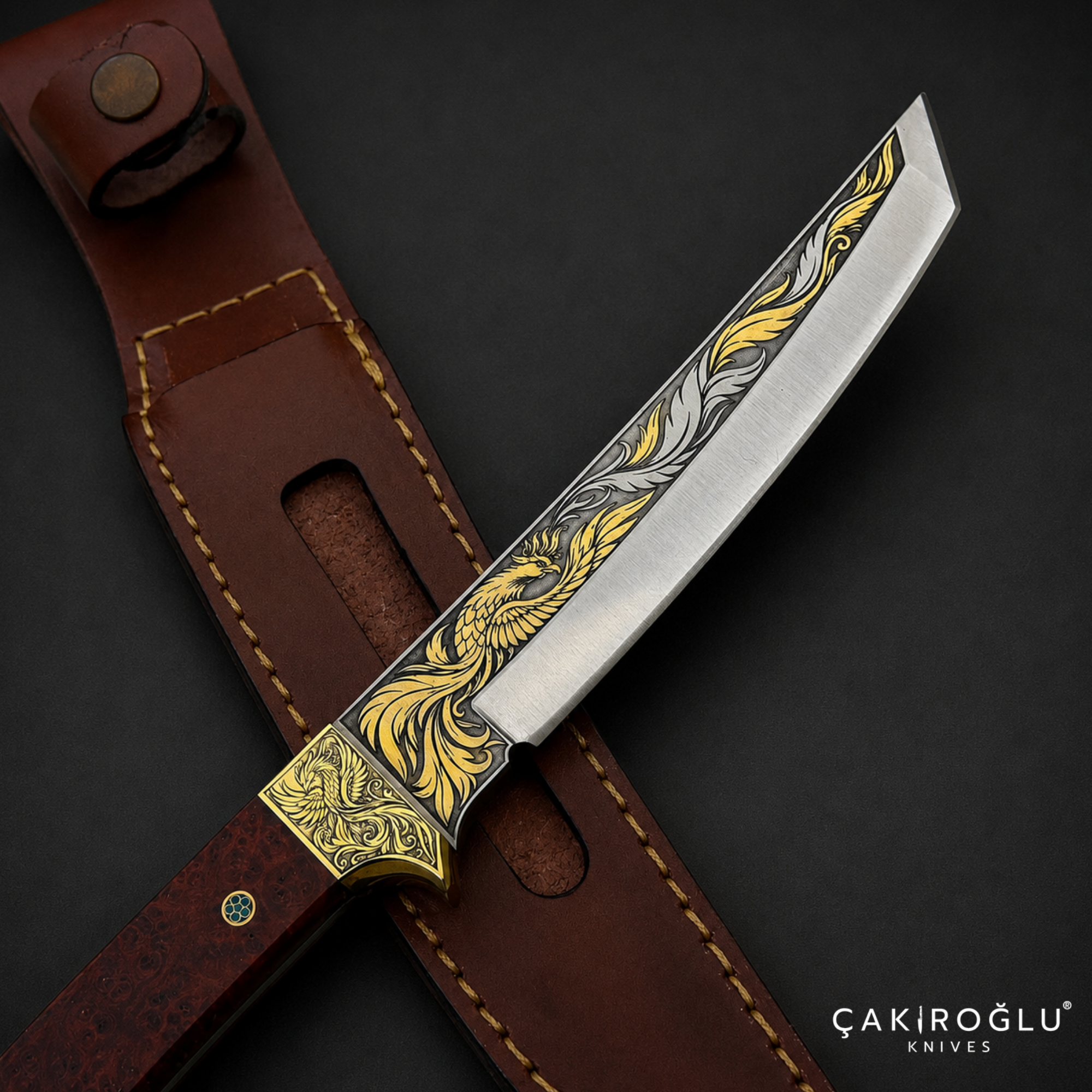 Handmade N690 Steel Tanto Knife, 24K Gold Inlay, Stabilized Handle
