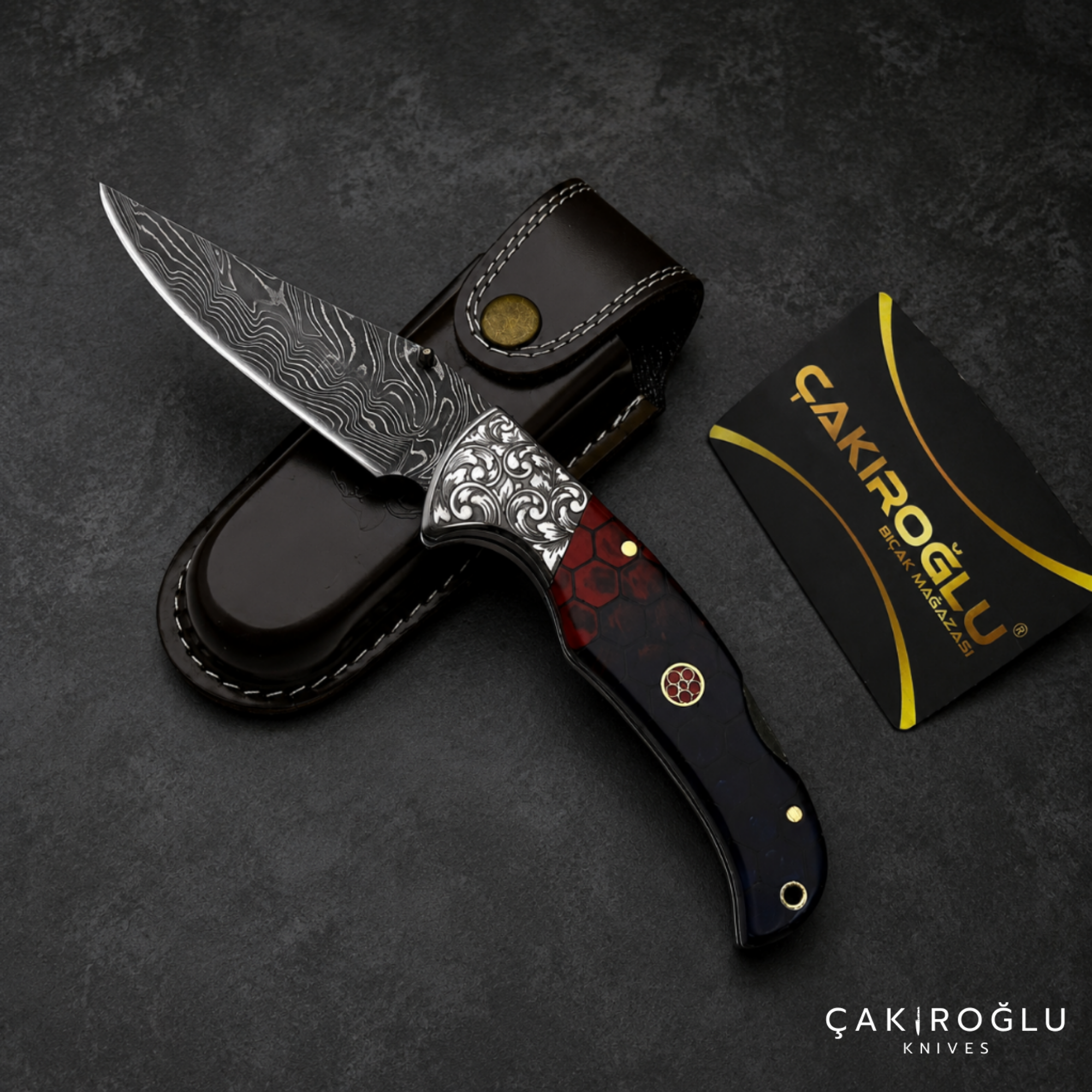 Handmade Damascus Custom Folding Pocket Knife with Sheath