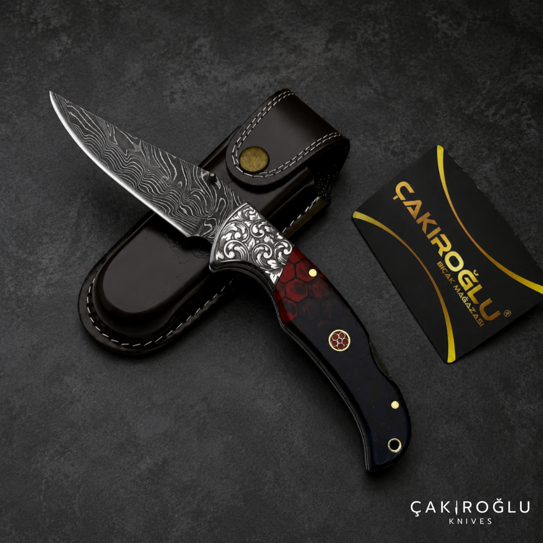 Handmade Damascus Custom Folding Pocket Knife with Sheath