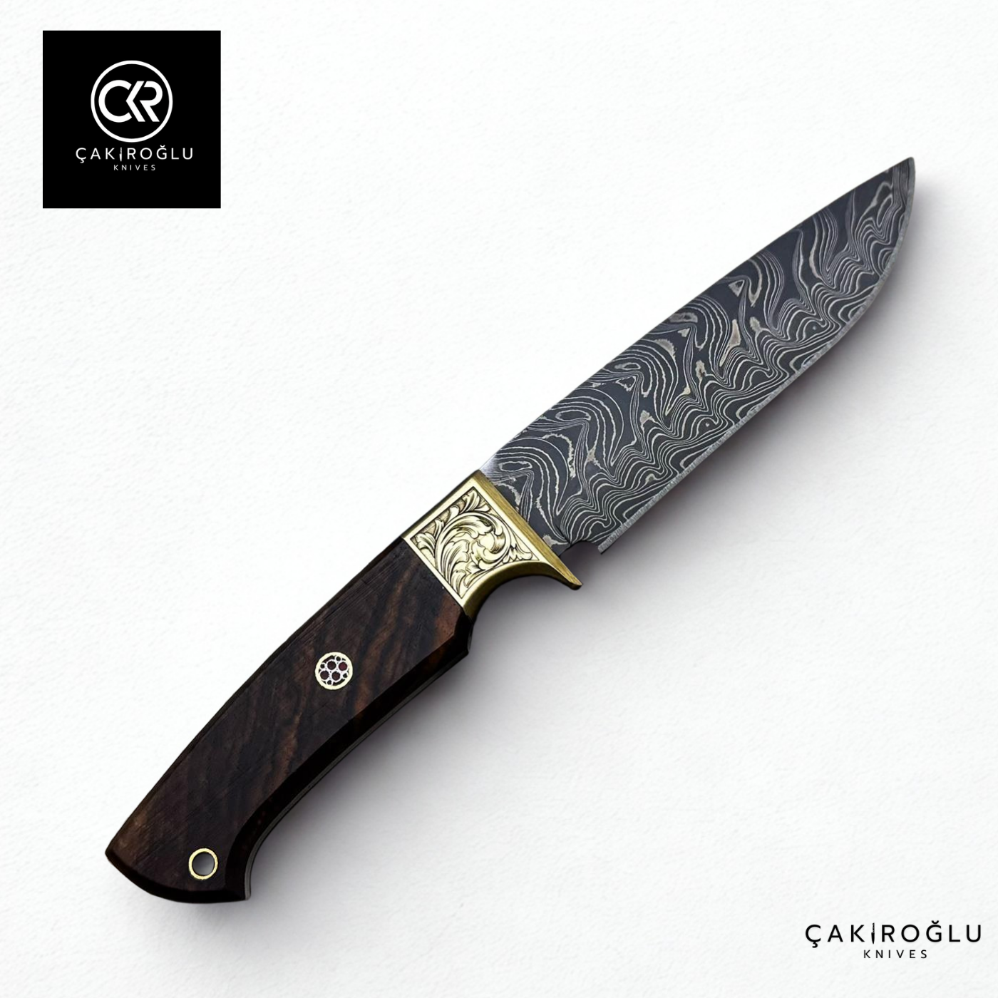 Handcrafted Custom-made Damascus Steel Hunting Knife with Engraved Brass Apron