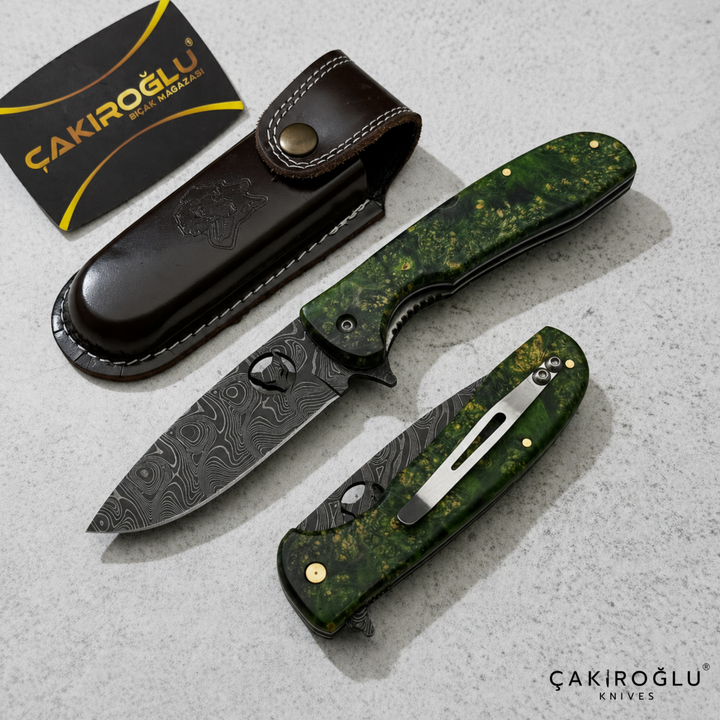 Handmade Damascus Folding Pocket Knife: Stabilize Handle