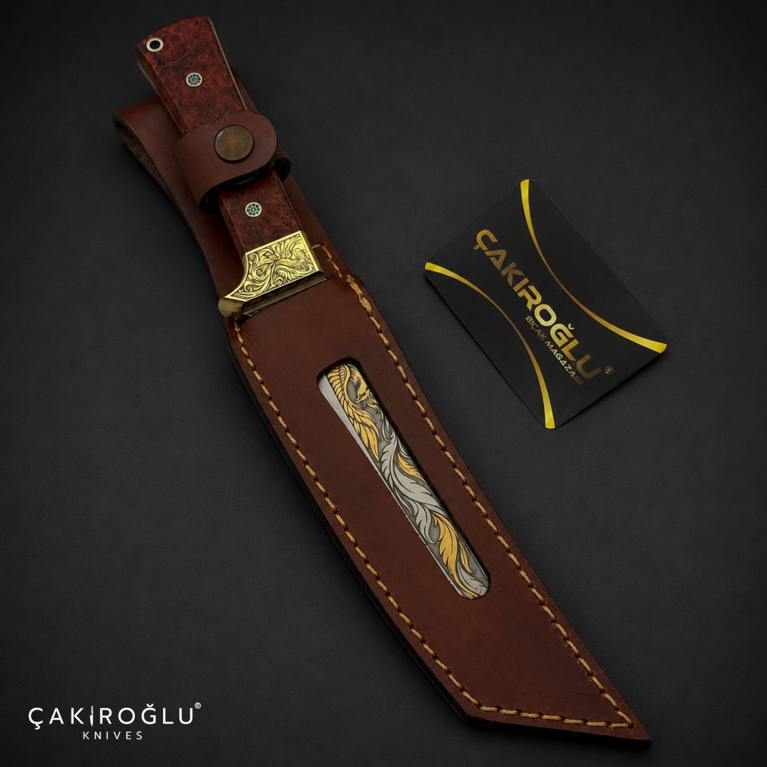 Handmade N690 Steel Tanto Knife, 24K Gold Inlay, Stabilized Handle