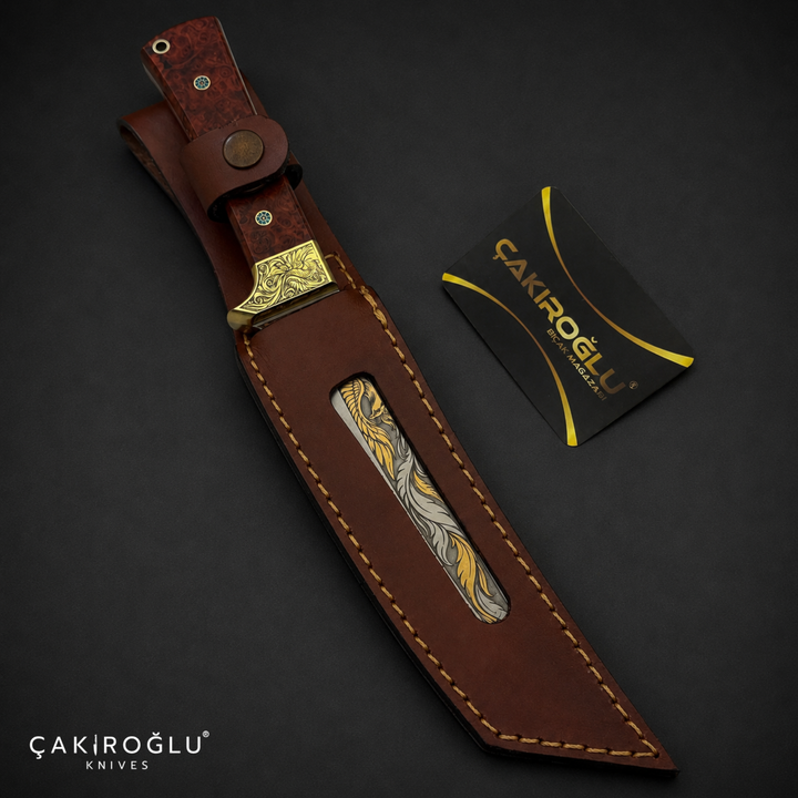 Handmade N690 Steel Tanto Knife, 24K Gold Inlay, Stabilized Handle