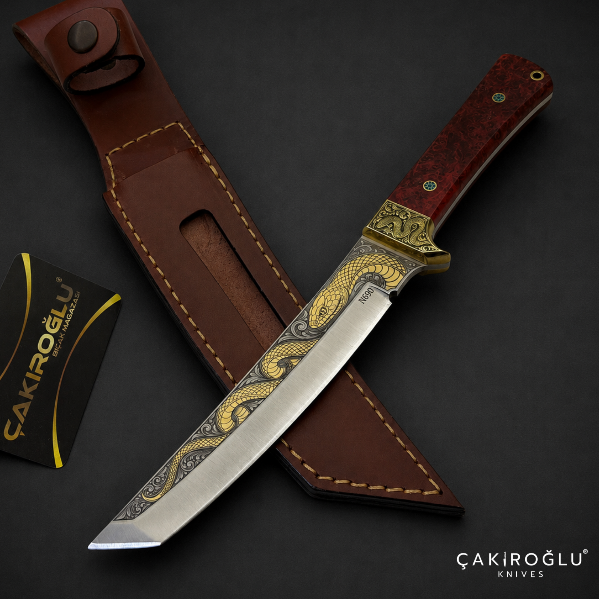 Handmade N690 Steel Custom Tanto Knife, 24K Gold Inlay, Stabilized Handle