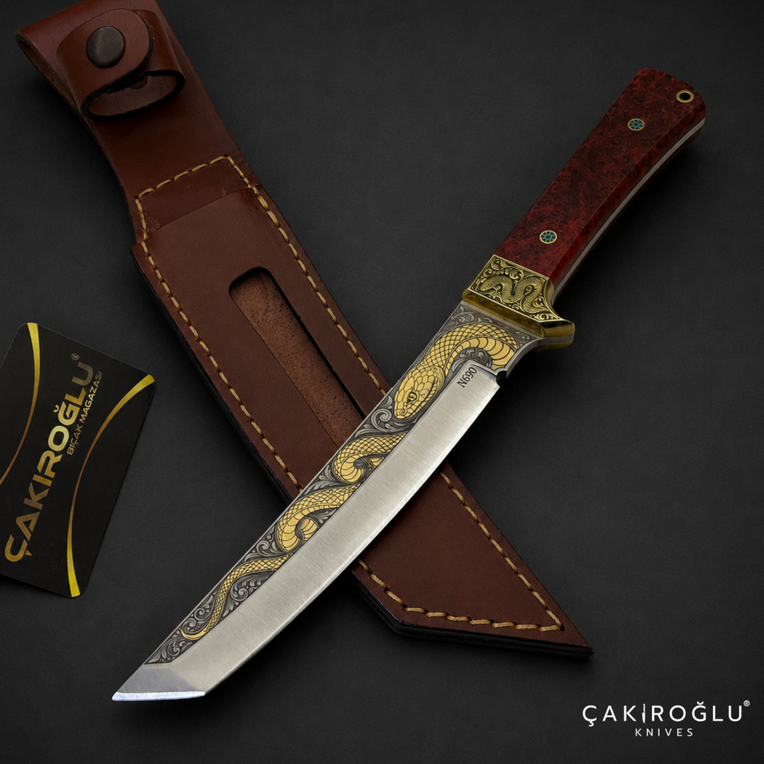 Handmade N690 Steel Custom Tanto Knife, 24K Gold Inlay, Stabilized Handle