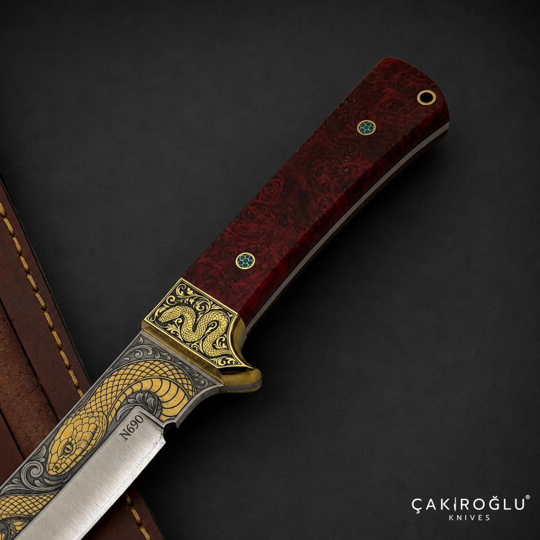 Handmade N690 Steel Custom Tanto Knife, 24K Gold Inlay, Stabilized Handle