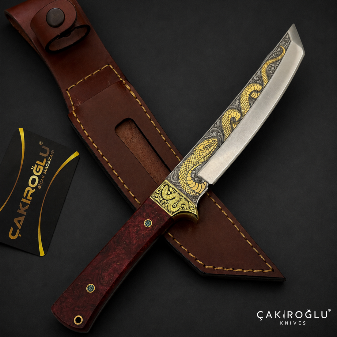 Handmade N690 Steel Custom Tanto Knife, 24K Gold Inlay, Stabilized Handle