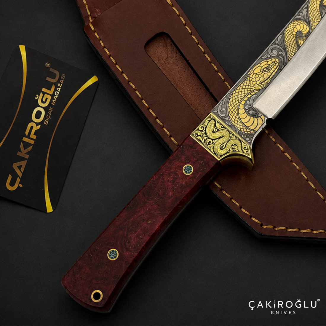 Handmade N690 Steel Custom Tanto Knife, 24K Gold Inlay, Stabilized Handle