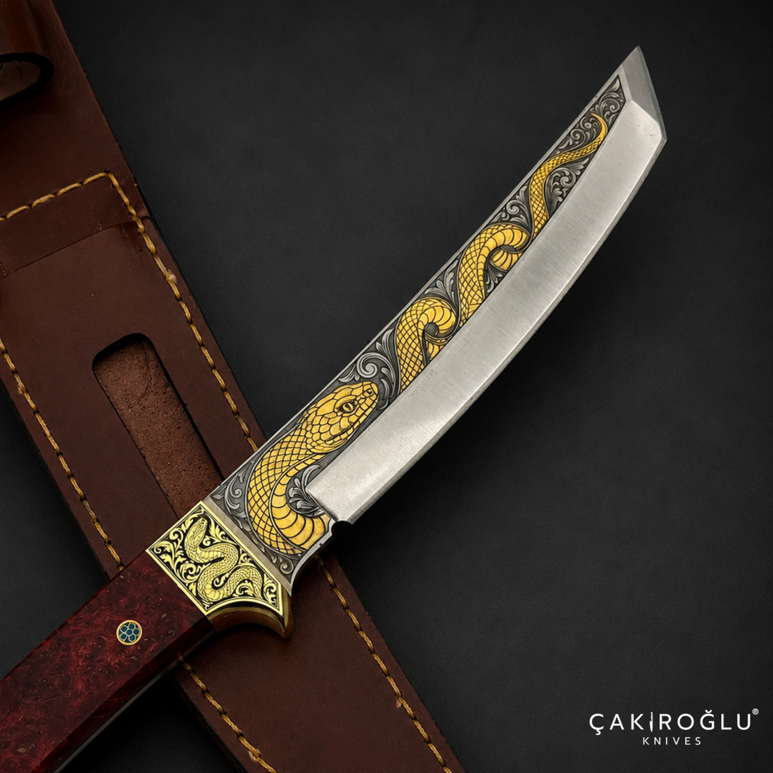 Handmade N690 Steel Custom Tanto Knife, 24K Gold Inlay, Stabilized Handle