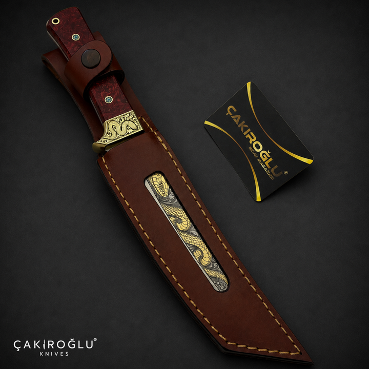 Handmade N690 Steel Custom Tanto Knife, 24K Gold Inlay, Stabilized Handle