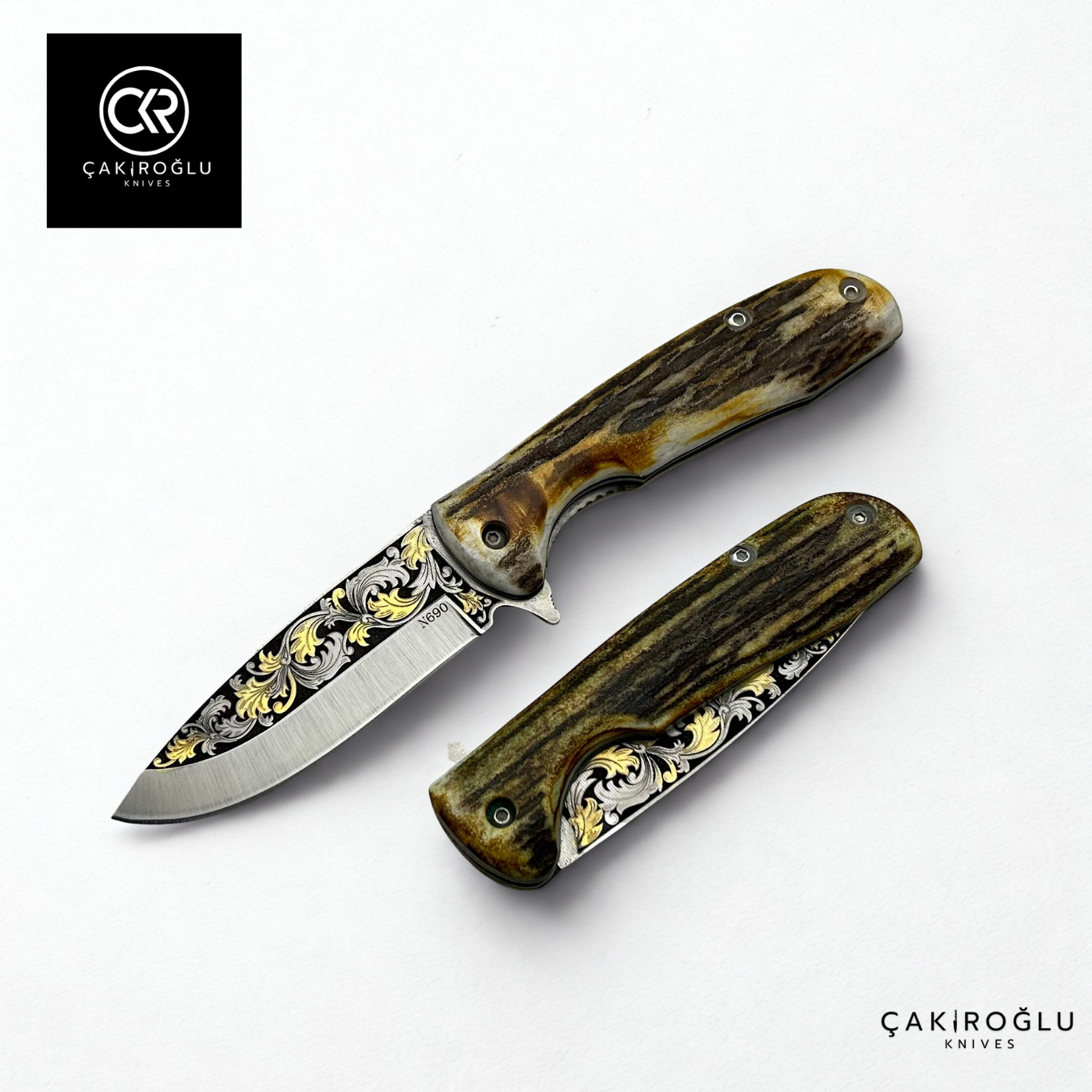 Handcrafted Custom-made Folding Knife - N690 Steel with 24K Gold Engravings & Special Deer Antler Handle