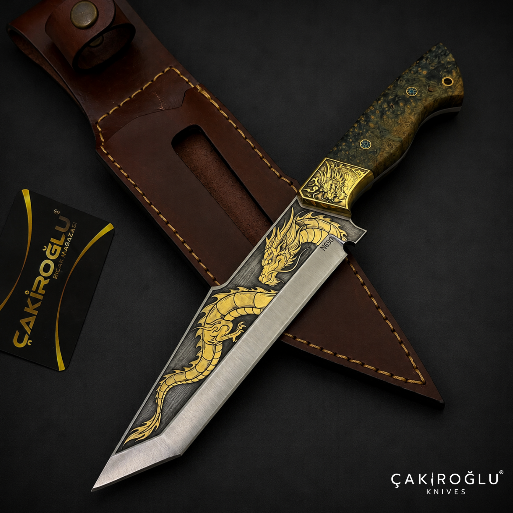 Handmade Custom N690 Steel Tanto Knife, 24K Gold Inlay, Stabilized Handle