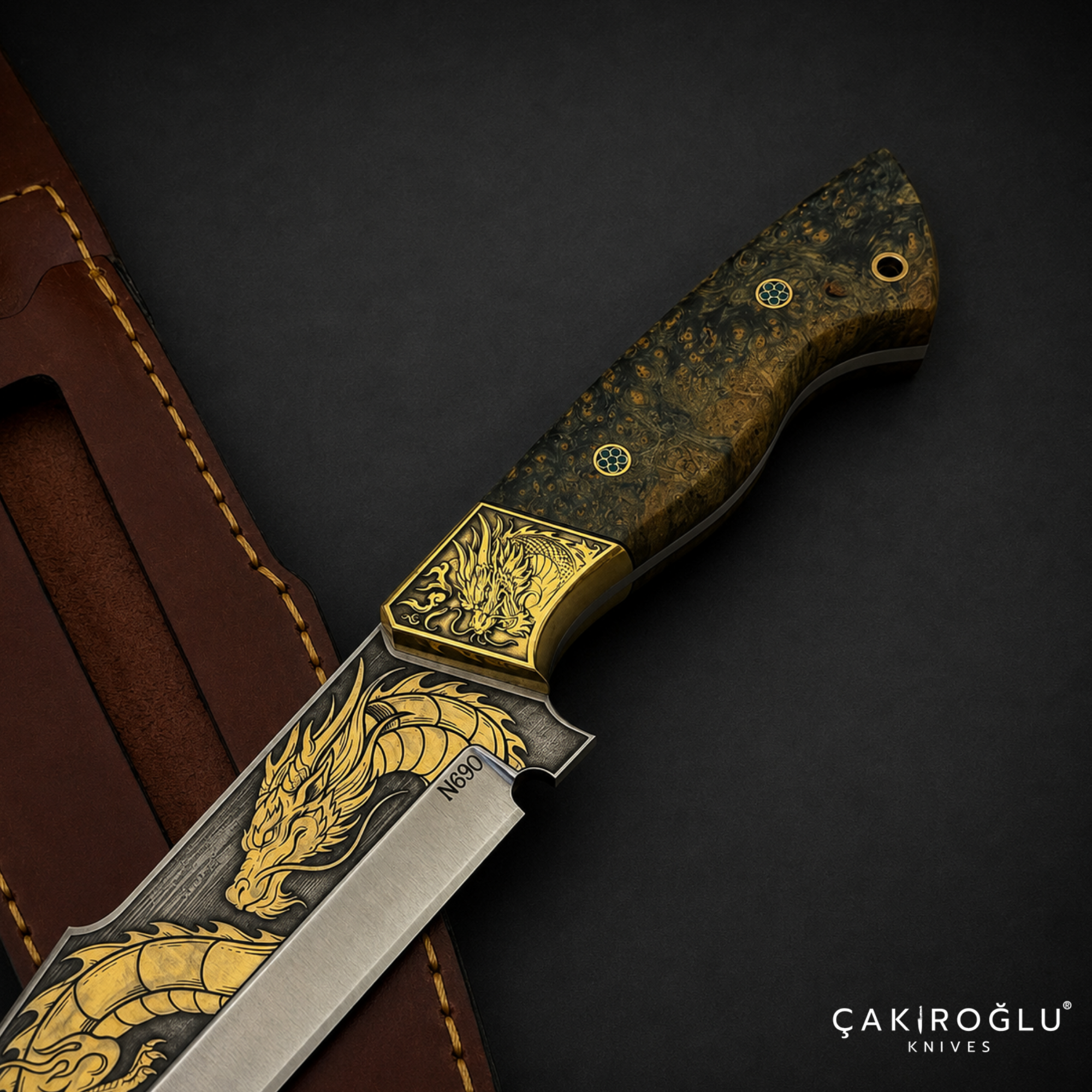 Handmade Custom N690 Steel Tanto Knife, 24K Gold Inlay, Stabilized Handle