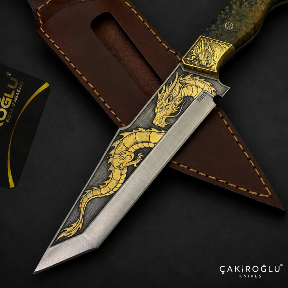 Handmade Custom N690 Steel Tanto Knife, 24K Gold Inlay, Stabilized Handle