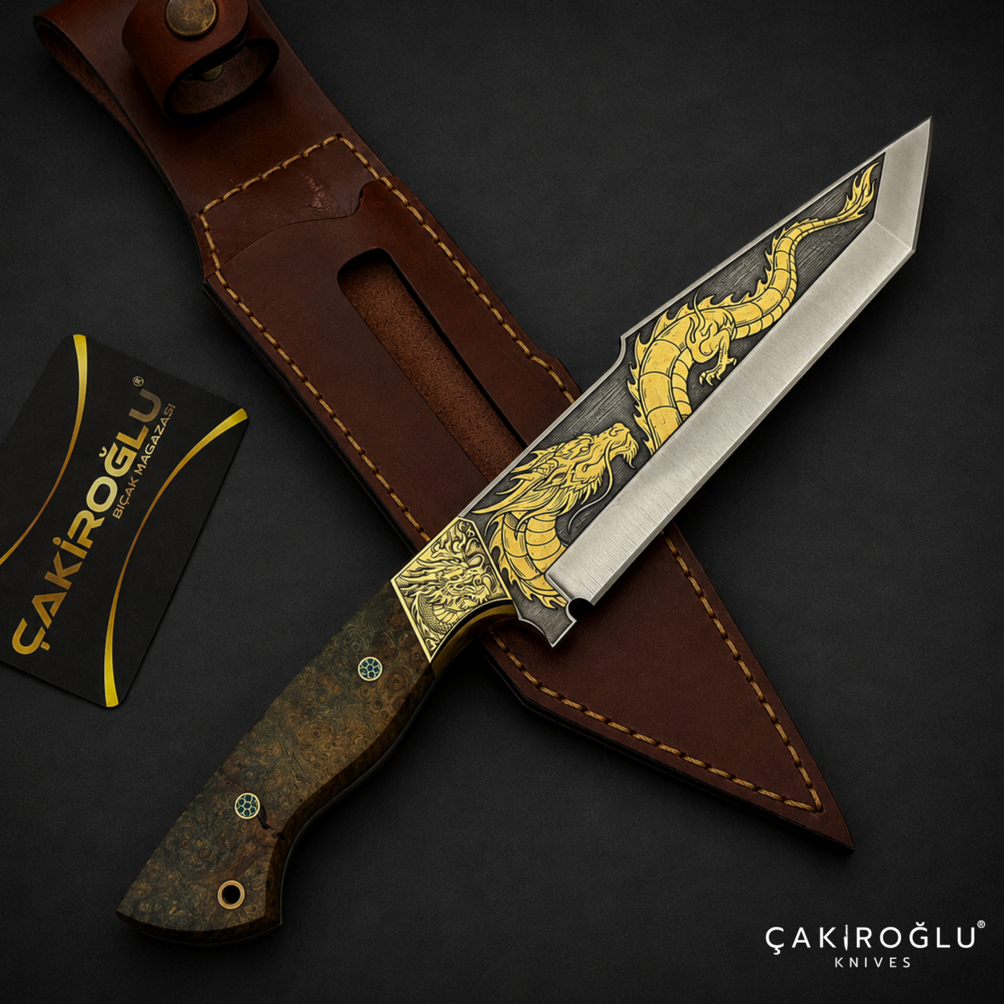Handmade Custom N690 Steel Tanto Knife, 24K Gold Inlay, Stabilized Handle