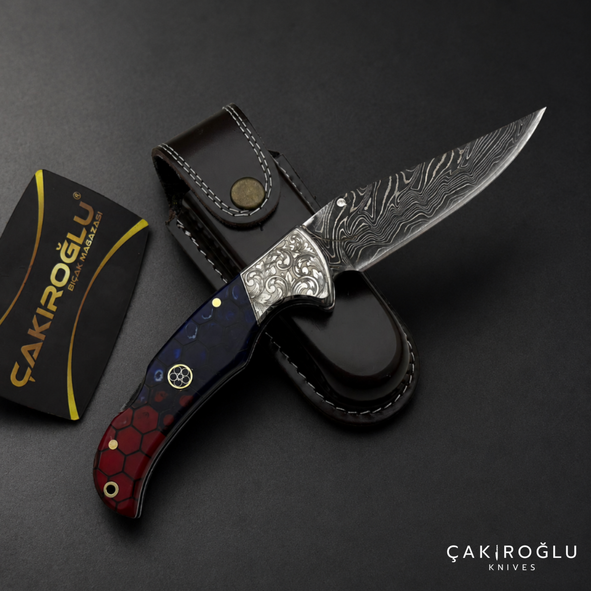 Handmade Damascus Custom Folding Pocket Knife with Sheath