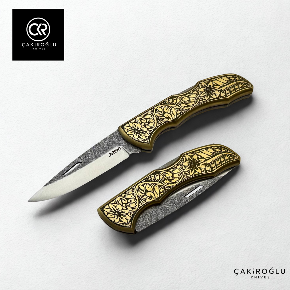 Showy Limited Edition Medium Size Handcrafted Custom-made Folding Collectible Knife - N690 Böhler Steel & Engraved Brass Handle