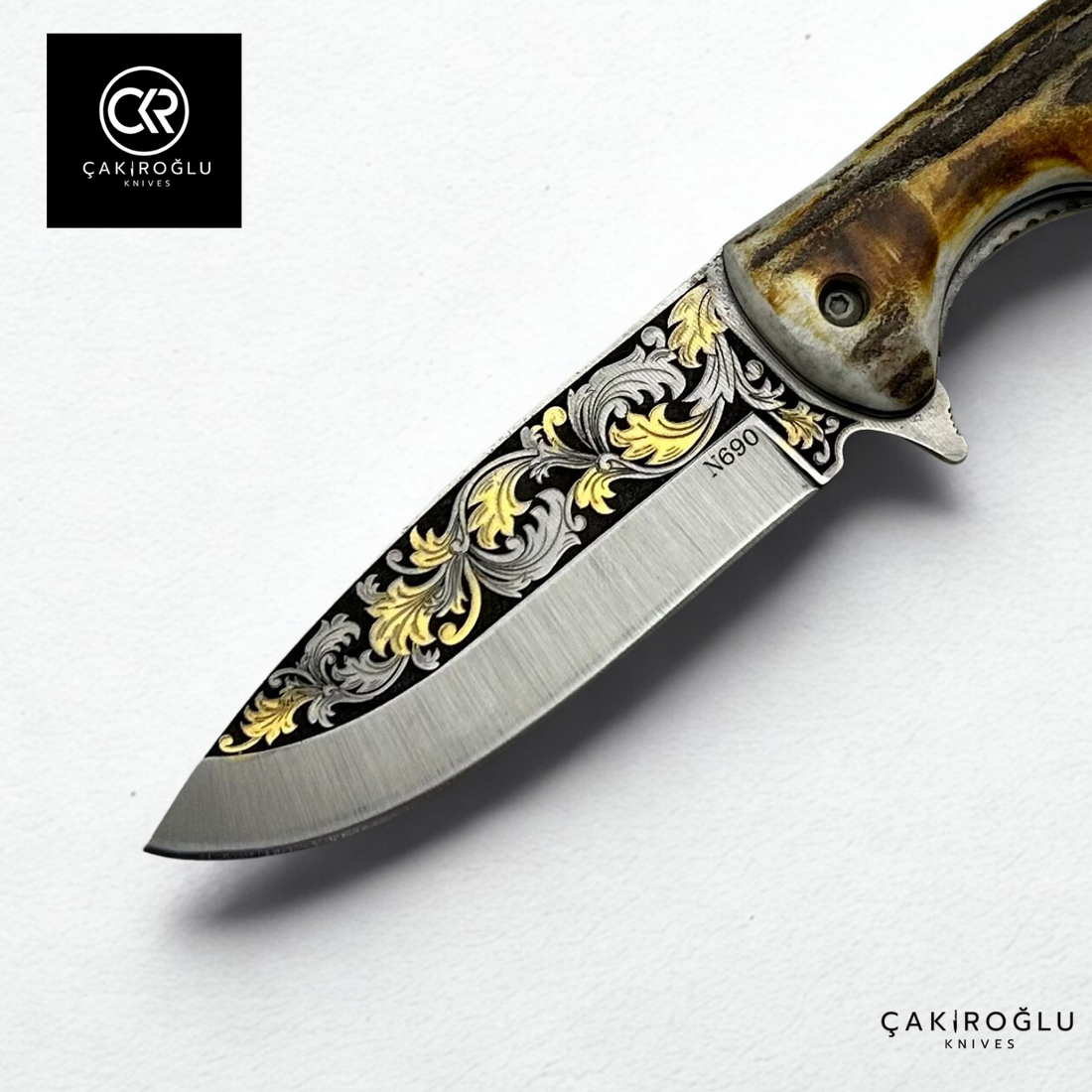 Handcrafted Custom-made Folding Knife - N690 Steel with 24K Gold Engravings & Special Deer Antler Handle