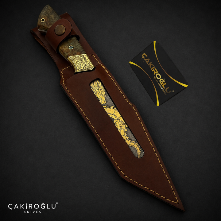 Handmade Custom N690 Steel Tanto Knife, 24K Gold Inlay, Stabilized Handle