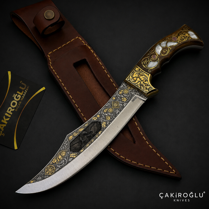 Handmade N690 Bowie Knife, 24K Gold Inlay, Walnut Handle, Mother of Pearl