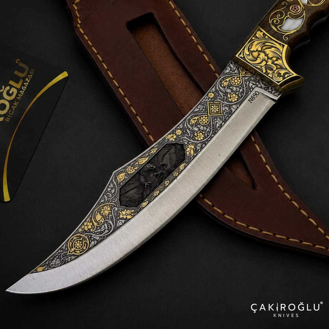 Handmade N690 Bowie Knife, 24K Gold Inlay, Walnut Handle, Mother of Pearl