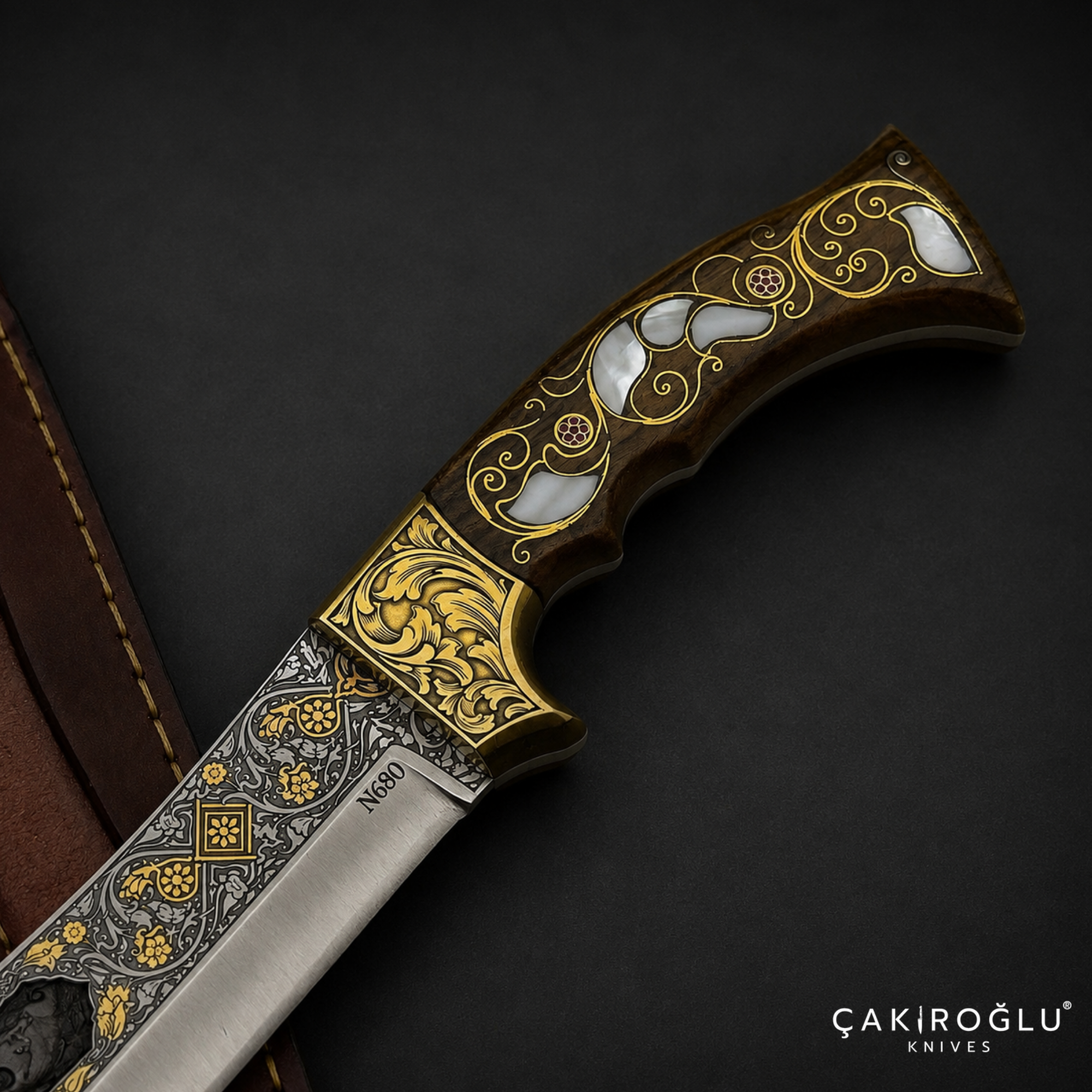 Handmade N690 Bowie Knife, 24K Gold Inlay, Walnut Handle, Mother of Pearl
