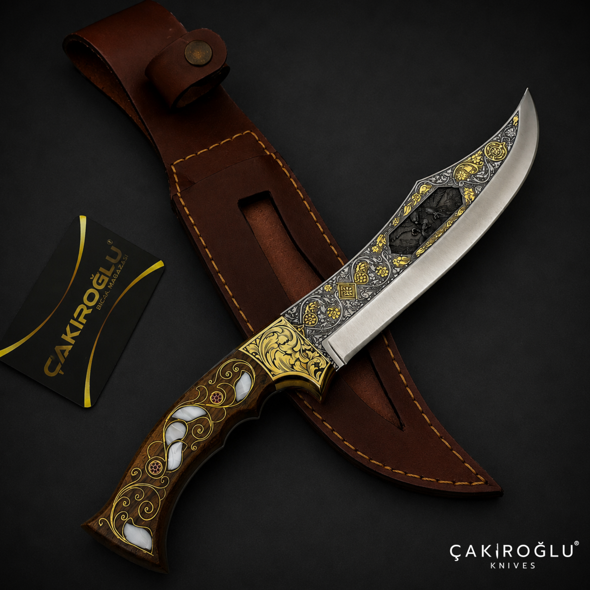 Handmade N690 Bowie Knife, 24K Gold Inlay, Walnut Handle, Mother of Pearl